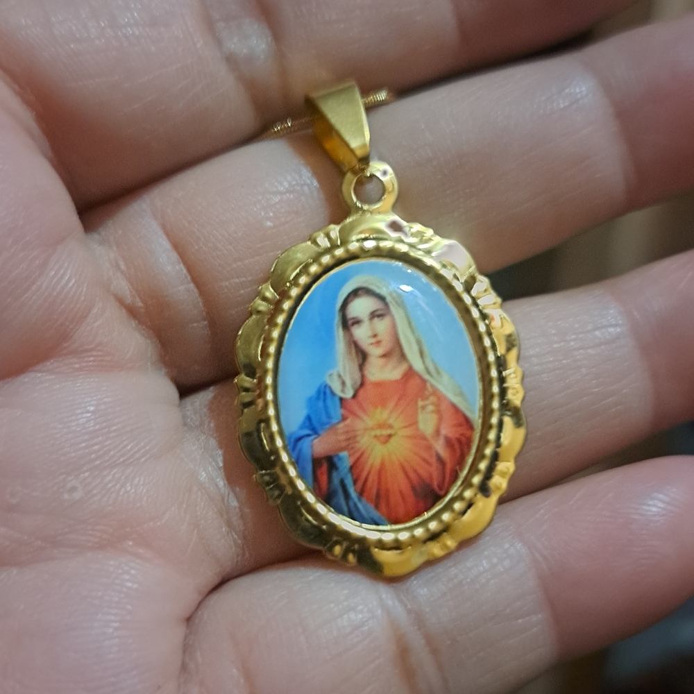 Gold-Tone Virgin Mary Pendant Necklace in Blue and Red